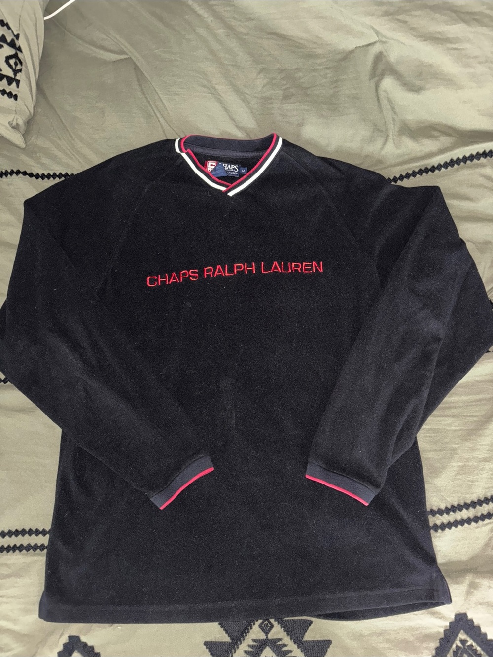 Chaps Ralph Lauren Black V-Neck Sweater with Red Accents